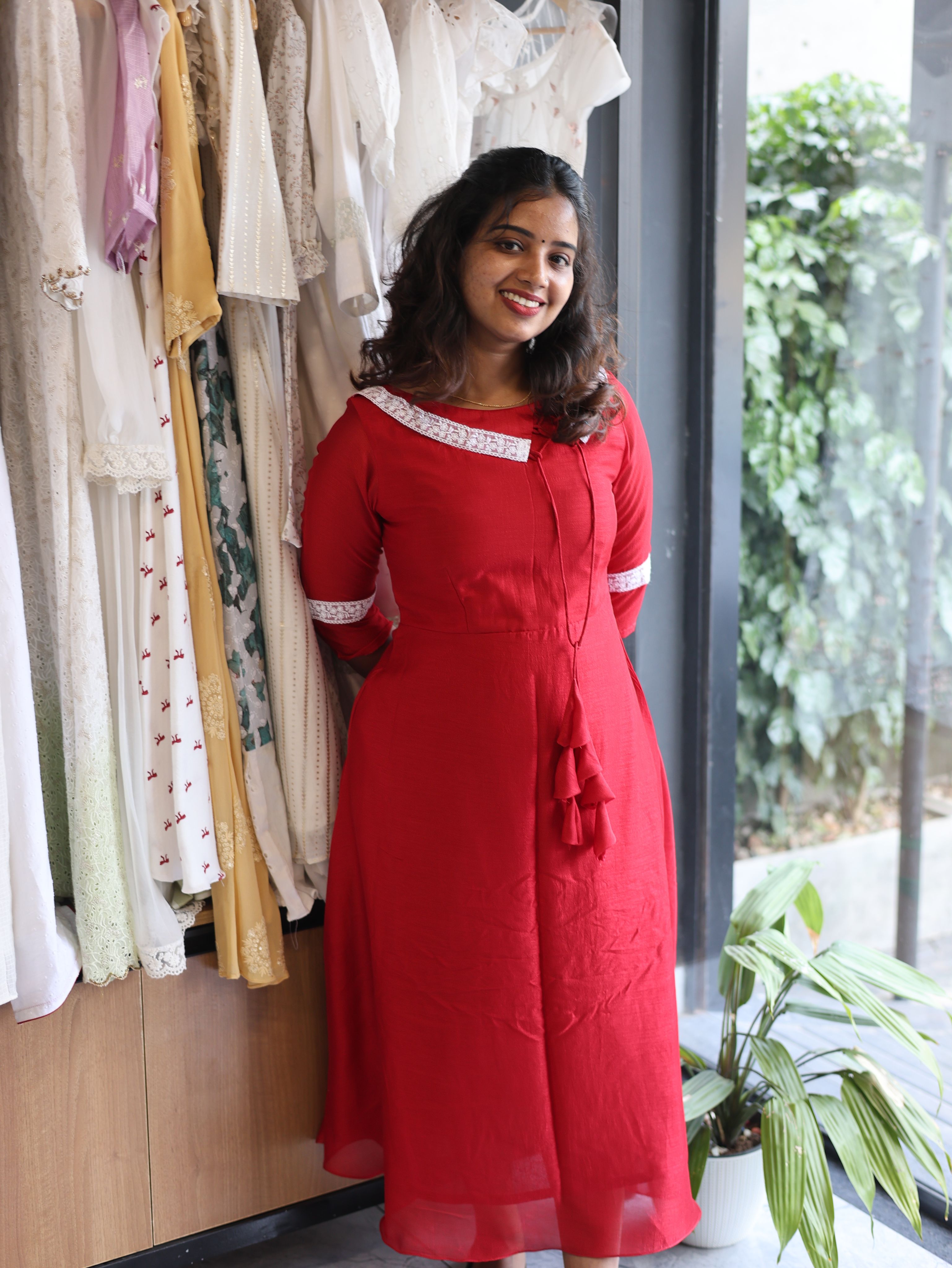 RED CHRISTMAS THEMED DRESS WITH LACE DETAILING | DESIGNER WEAR|WA-EW-1