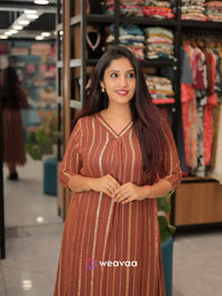 brown-pleated-a-line-kurti-with-v-neck