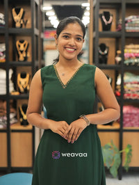 dark-green-a-line-dress-with-v-neck-and-handwork