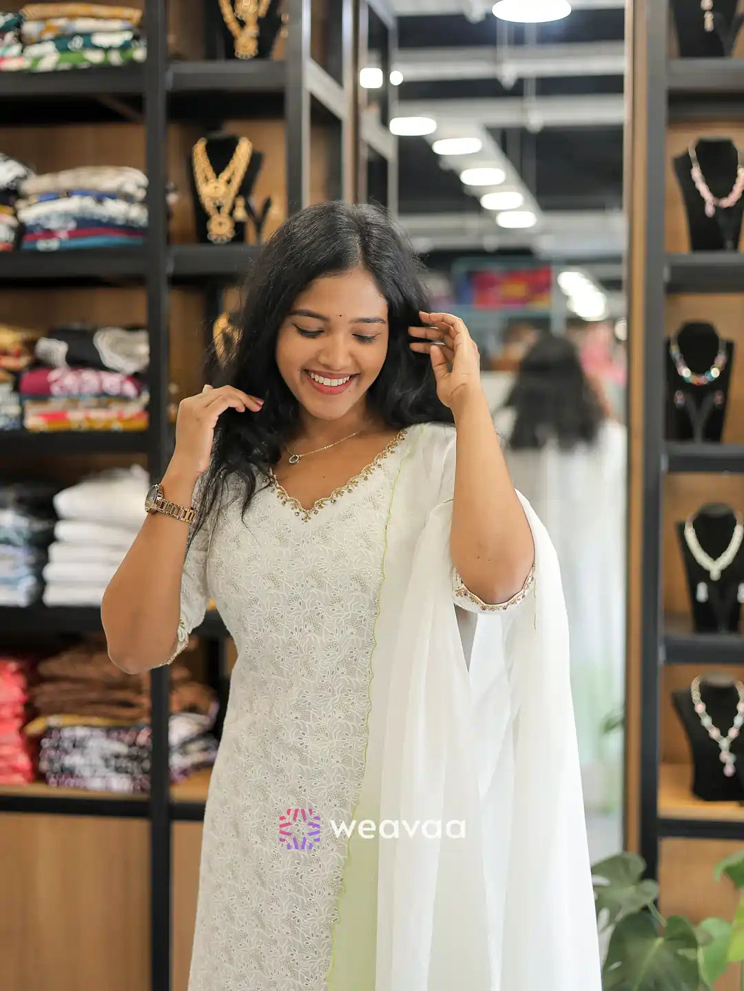 off-white-kurti-with-green-shade-dupatta-for-women