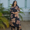 Golden Blaze-Navy Blue Rayon Golden Foil  Print Long Cor Set | WW-OA-1040