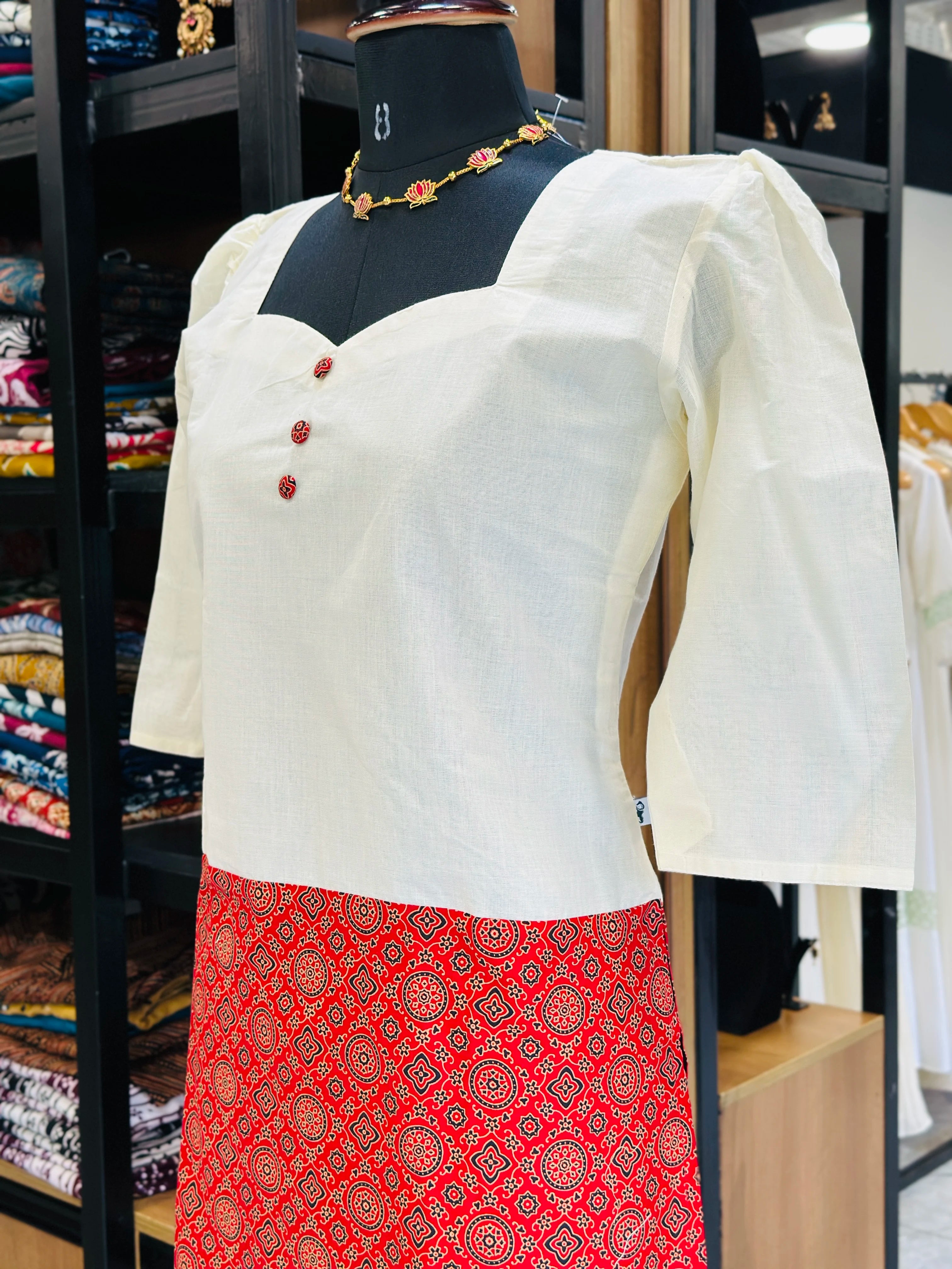ajrak-top-offwhite-cotton-top-asymmetric-3-4-sleeves-fashion-top-for-women