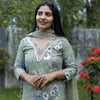 Pastel  green floral print designer suit with V neck and scalloped floral embroidery shawl | WW-EW-1006