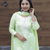 "Traditional Indian outfit, Chikankari suit in pastel green shade in rayon fabric.  White thread embroidery throughout the outfit | WW-EW-1004