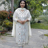 Cream cotton embroidery work kurthi with v neck | WW-EW-1008