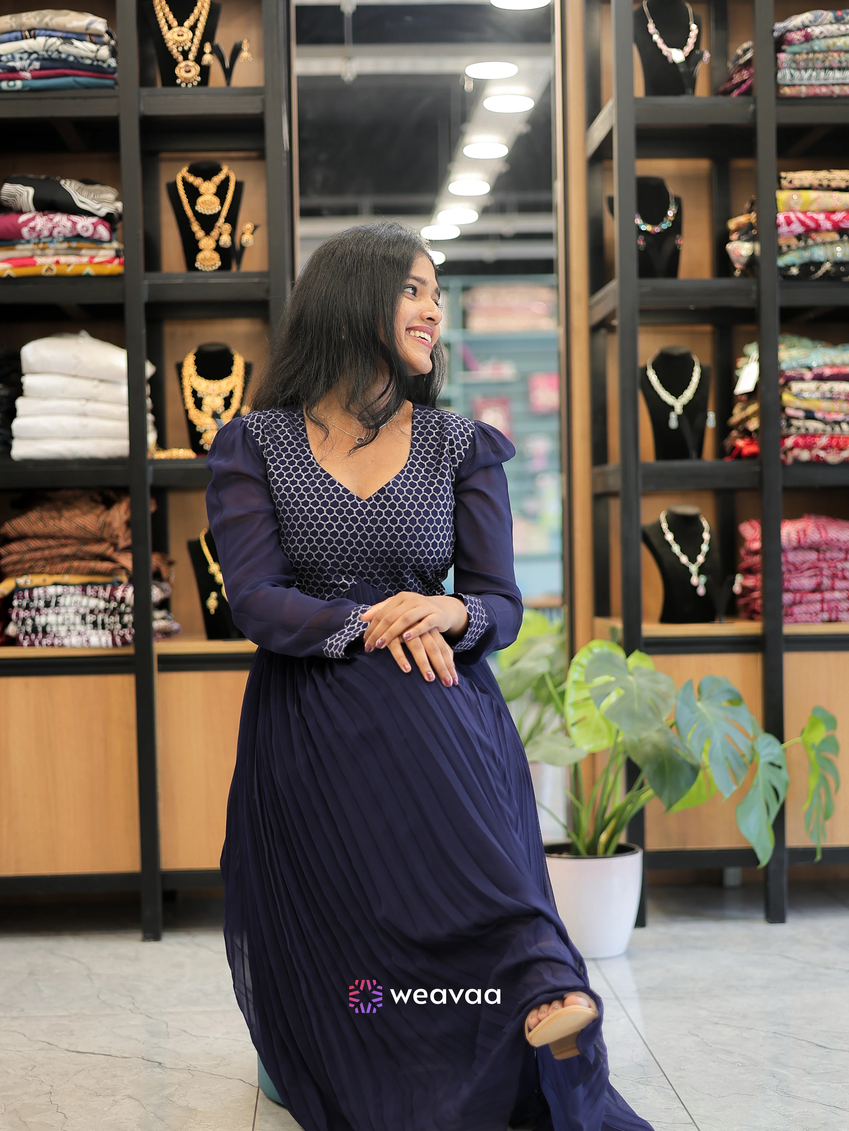 designer-royal-blue-ethnic-dress-with-v-neckline-and-long-sheer-sleeves-perfect-ethnic-wear-for-women