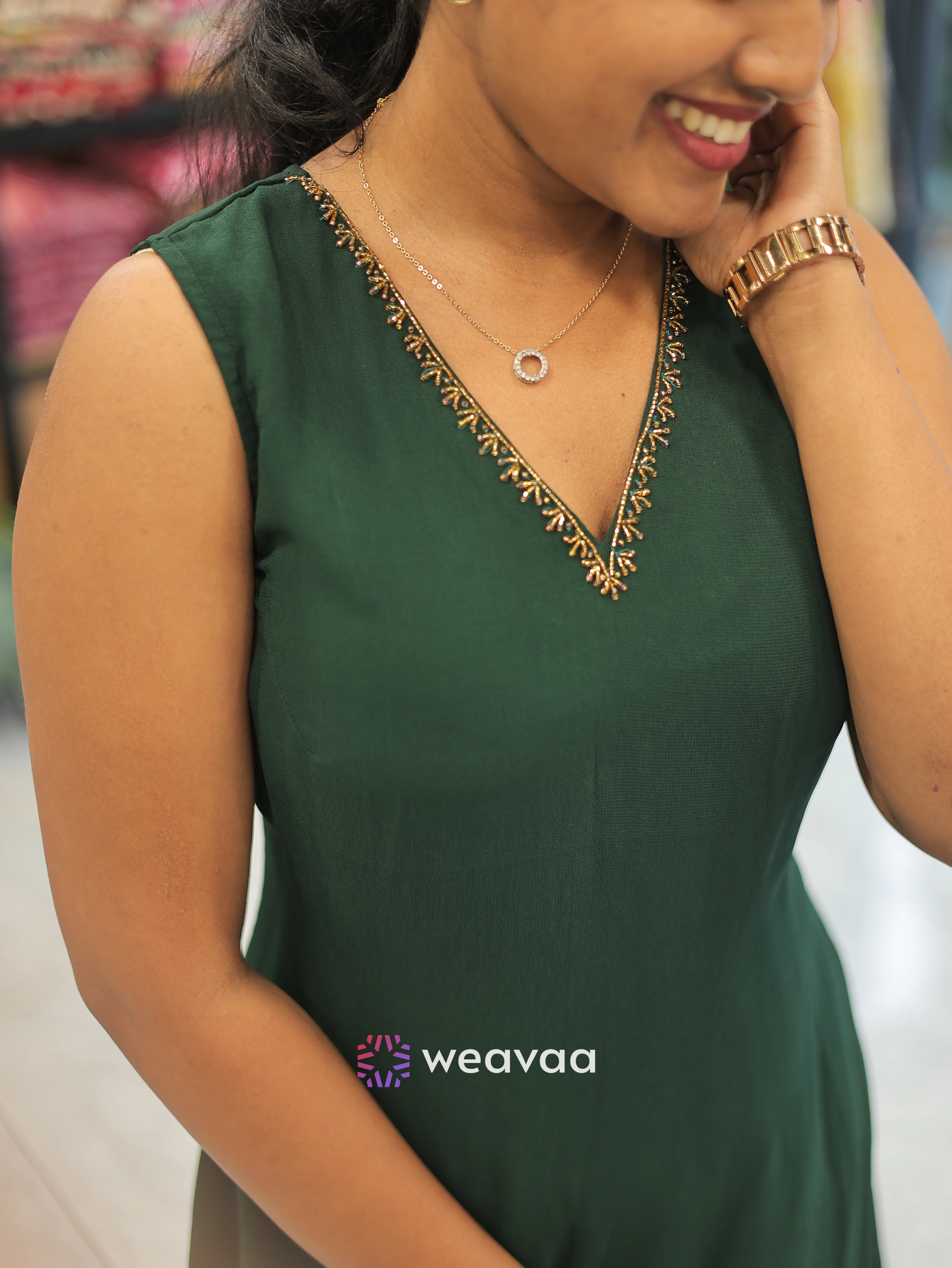 georgette-sleeveless-dress-a-line-dark-green-style-for-party-and-casual-wear