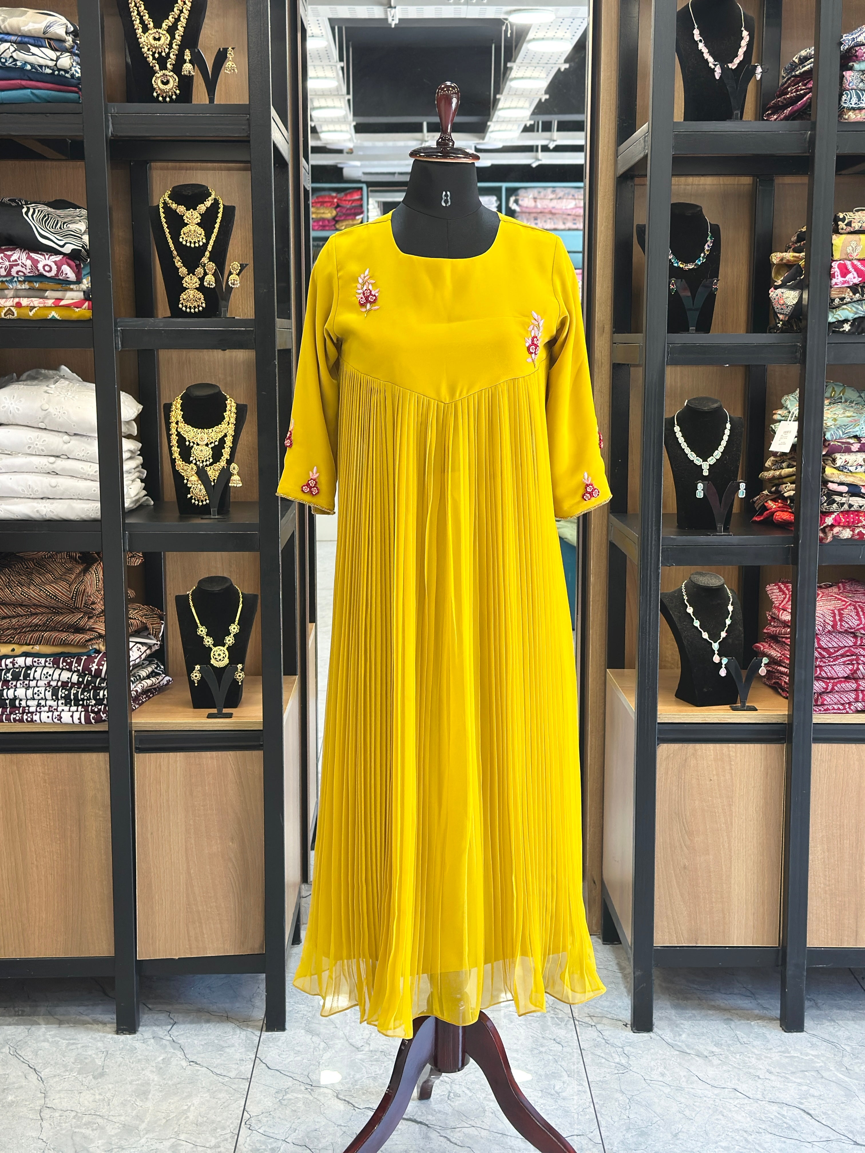 mustard-yellow-a-line-kurti-for-women-with-handwork-and-pleated-yoke