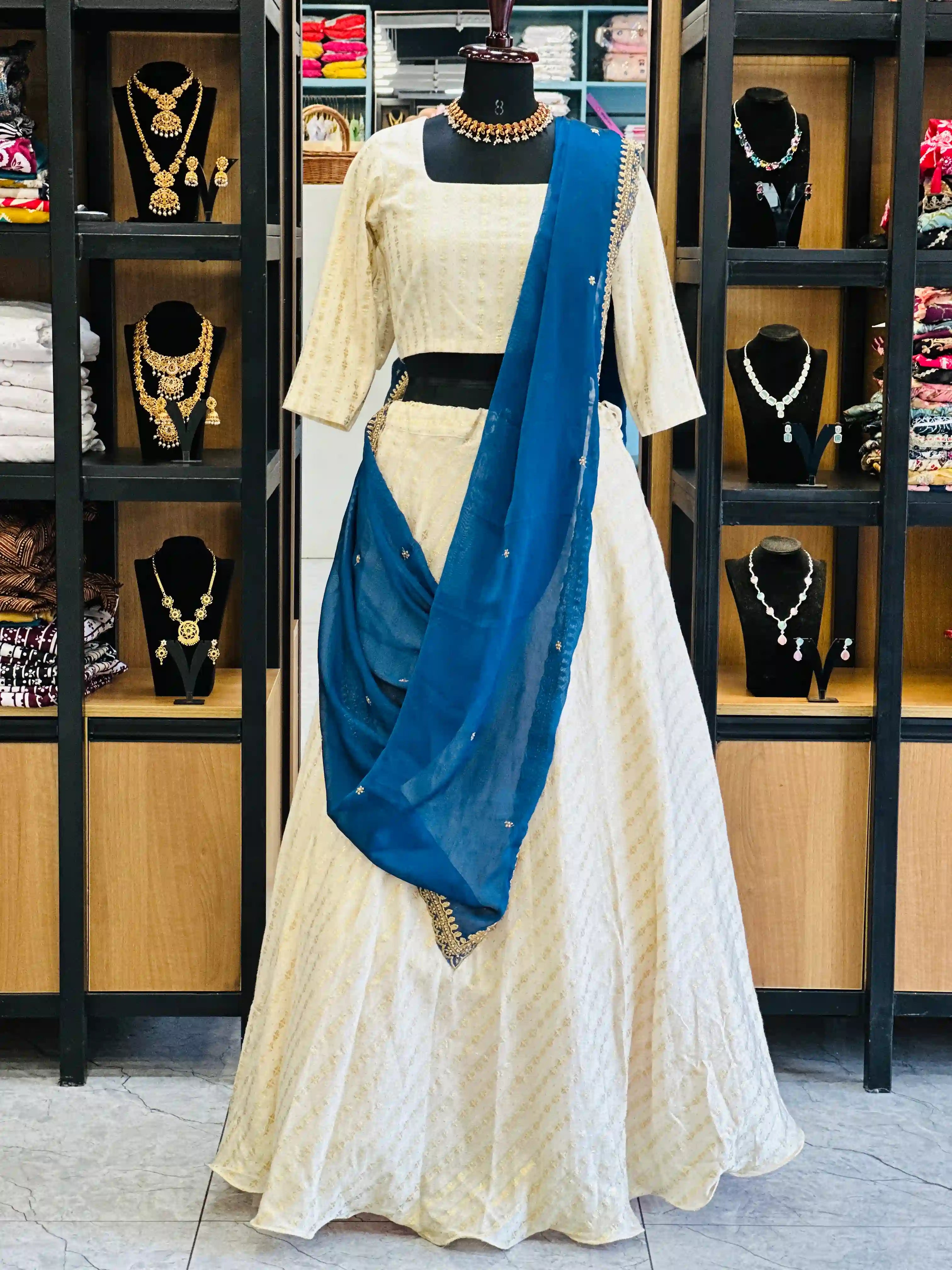 off-white-dhavani-set-with-teal-blue-shawl-for-women