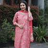 Hera- Peach floral suit with mirror work V neck and zari border shawl | WW-EW-1003
