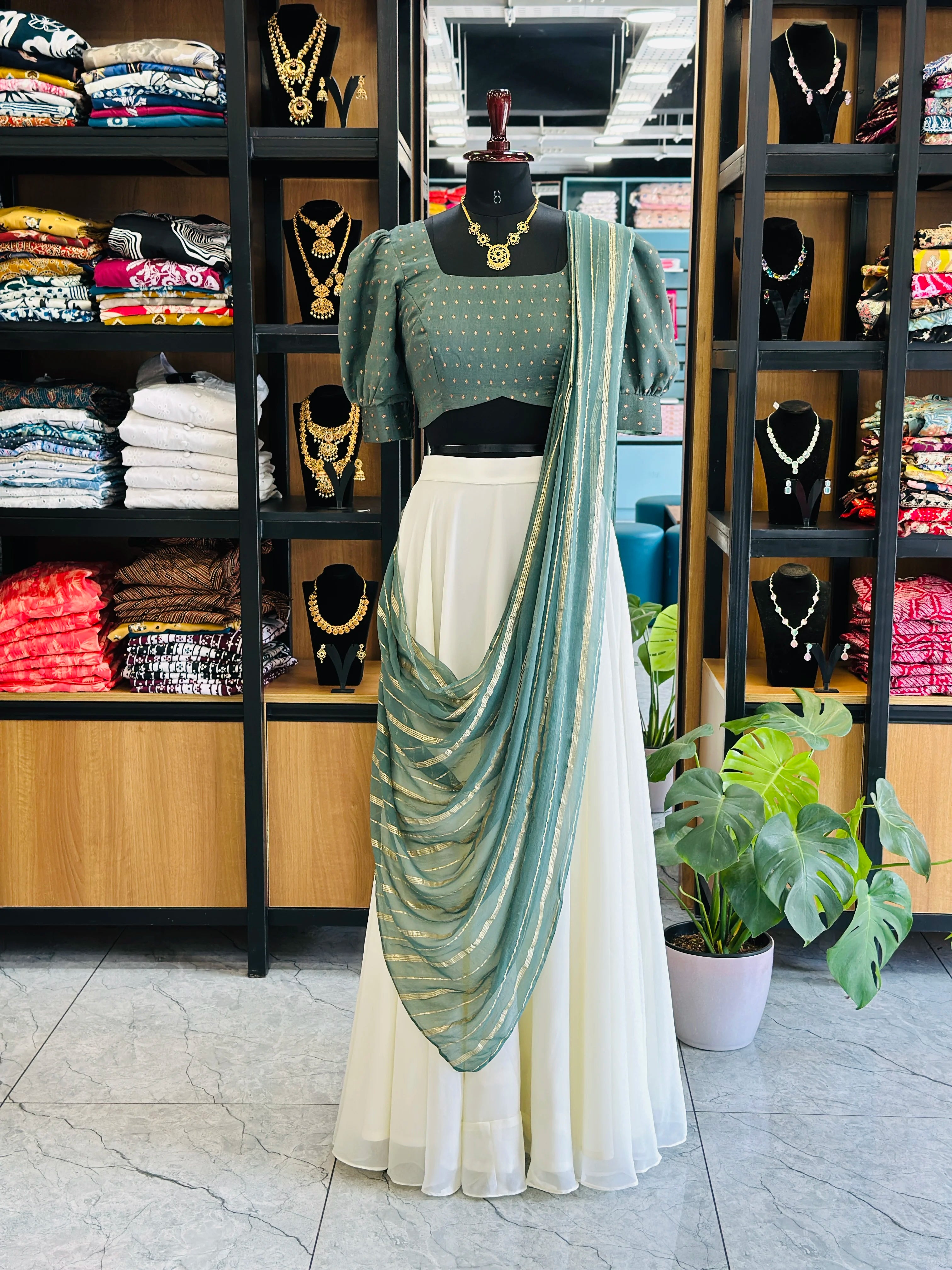 traditional-green-dhavani-set-with-golden-butta-print