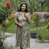 Maple blossom: Olive green tropical print garden themed dress with  belt - shirt Collar and 3/4th sleeves | WW-EW-1002